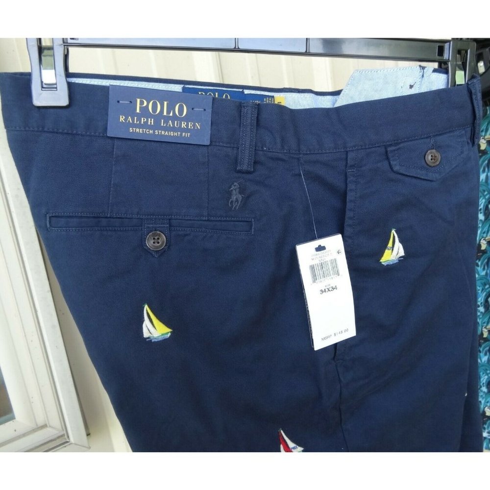 Ralph Lauren Polo Chino Stretch Straight Fit Navy Nautical Emb Sail Boat…